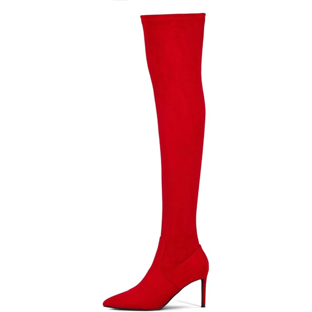 ⚡Women's Suede Red Sexy 4.3 inch Tang Thigh High Boots Over Knee Pointed Toe - Picture 4 of 9